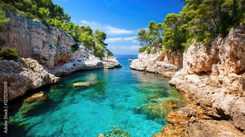 Dramatic view of a rocky coastline meeting the turquoise sea, with the horizon creating a perfect area for copy space.