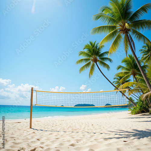 Tropical beach landscape, turquoise sea water, sand, green palms, sun blue sky, white clouds Generated by Ai.