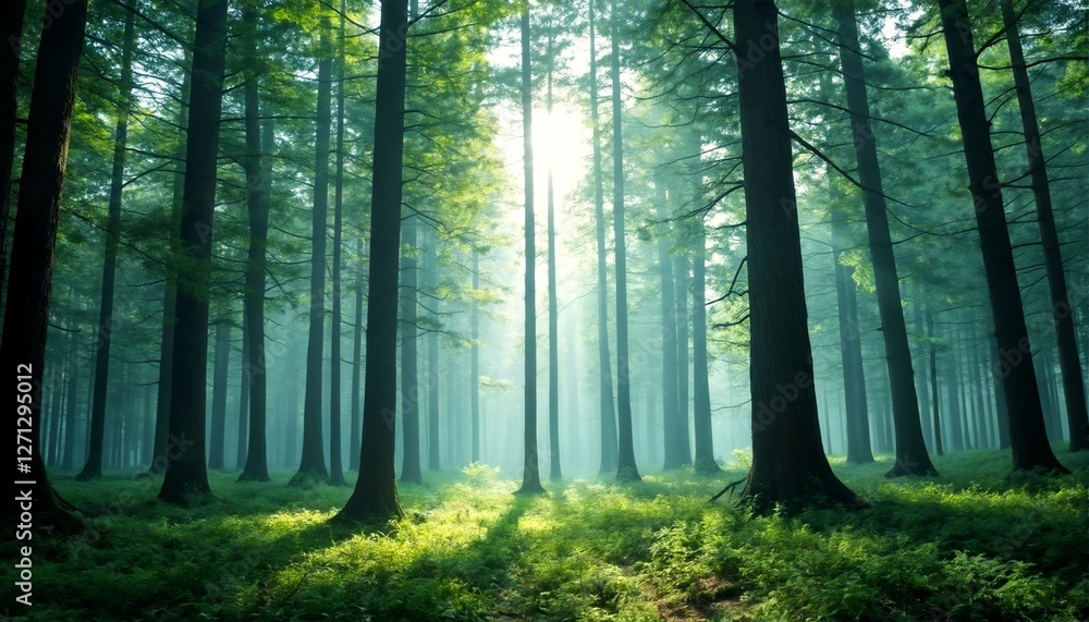 The serene and mystical forest landscape: A tranquil woodland scene featuring towering trees, lush greenery, and soft sunlight filtering through the leaves. The serene and mystical forest landscape: A tranquil woodland scene featuring towering trees, lush greenery, and soft sunlight filtering through the leaves.