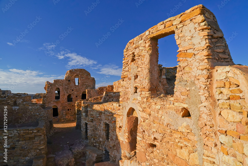 Ksar Beni Barka e,Al Barka Moschea,tipico villaggio Berbero costruito sulla cima di una montagna rocciosa costituito da abitazioni e magazzini per il cibo. Tataouine,Tunisia Ksar Beni Barka e,Al Barka Moschea,tipico villaggio Berbero costruito sulla cima di una montagna rocciosa costituito da abitazioni e magazzini per il cibo. Tataouine,Tunisia