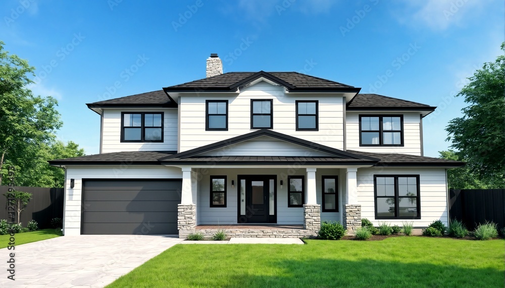 A white two-story house with black trim and accents. A white two-story house with black trim and accents.