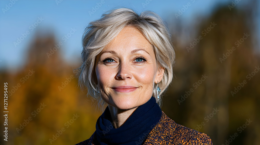Woman smiling, autumn park background, portrait, website Woman smiling, autumn park background, portrait, website