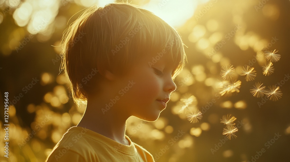 Fototapeta premium A young boy, bathed in golden light, closes his eyes with a serene smile as dandelion seeds float in the air, embodying innocence and the joy of nature.