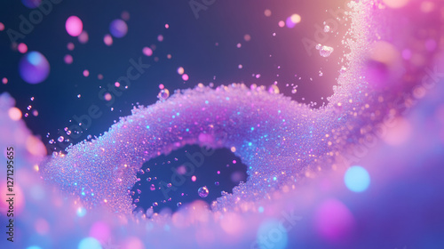 An entrancing swirl of trippy neon droplets, drifting and colliding in a cosmic dance, blending