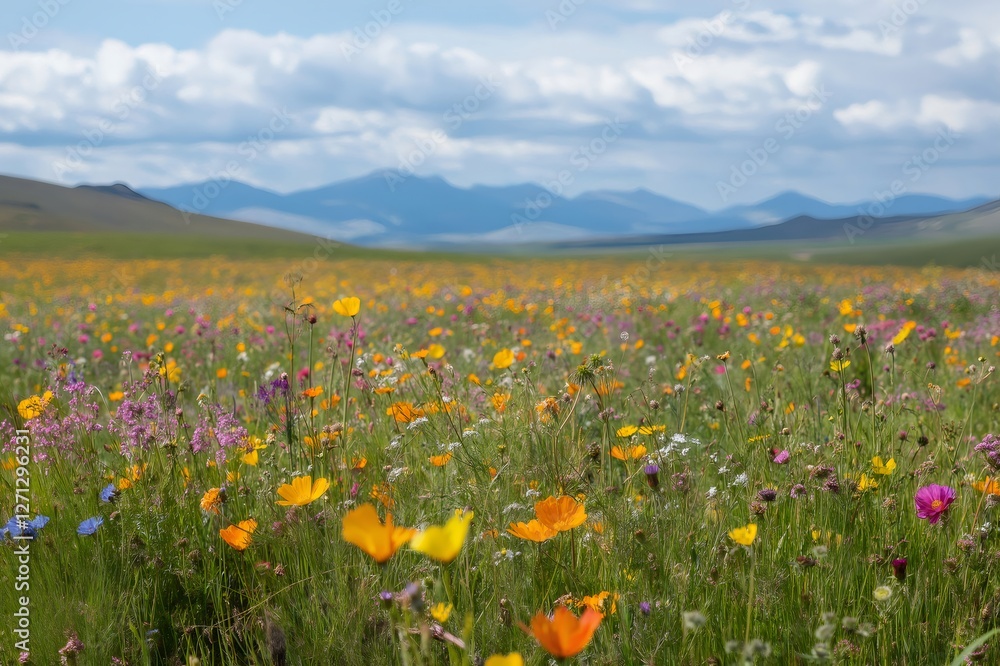 Fototapeta premium Colorful wildflowers create a vibrant tapestry in a meadow, with majestic mountains rising in the distance under a cloudy sky
