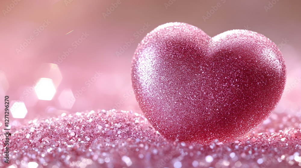 Obraz premium A sparkling pink heart rests on a bed of fine glitter, catching light and creating a magical atmosphere with soft bokeh effects in the background.