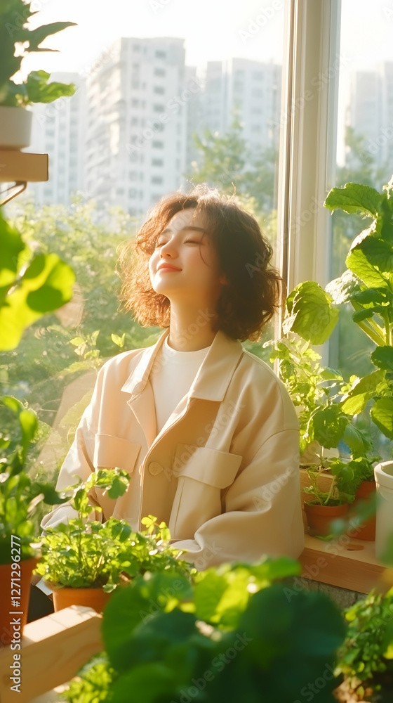 Woman tending plants by sunny window, city view Woman tending plants by sunny window, city view