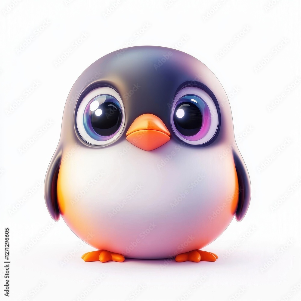 Cute cartoon penguin character with large expressive eyes and vibrant colors standing against a plain background Cute cartoon penguin character with large expressive eyes and vibrant colors standing against a plain background