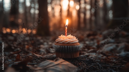 A decorated cupcake, its candle alight, is situated on a scattering of autumn leaves, exposed to the outdoors and illuminated by sunlight photo