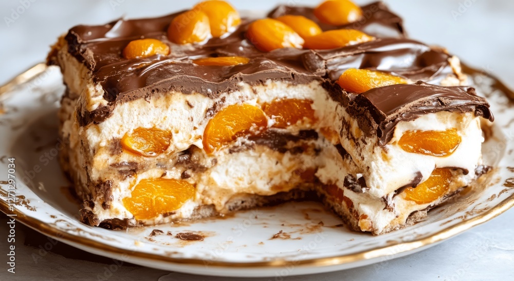 Elegant Chocolate and Apricot Layered Cake on Ornate White Plate with Gold Trim Elegant Chocolate and Apricot Layered Cake on Ornate White Plate with Gold Trim