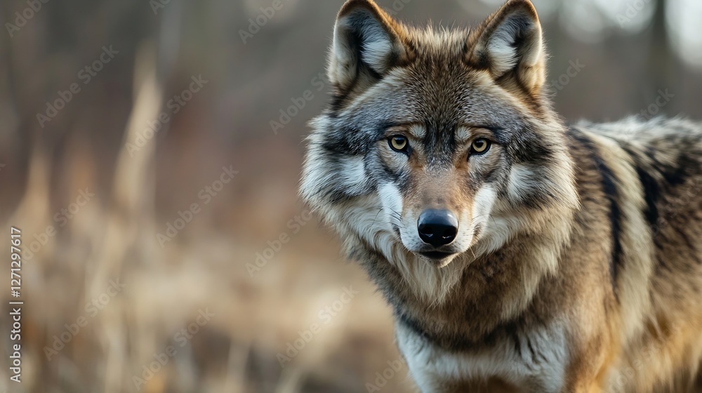 Majestic wild wolf observing its surroundings with piercing gaze in a natural habitat setting : Generative AI Majestic wild wolf observing its surroundings with piercing gaze in a natural habitat setting : Generative AI