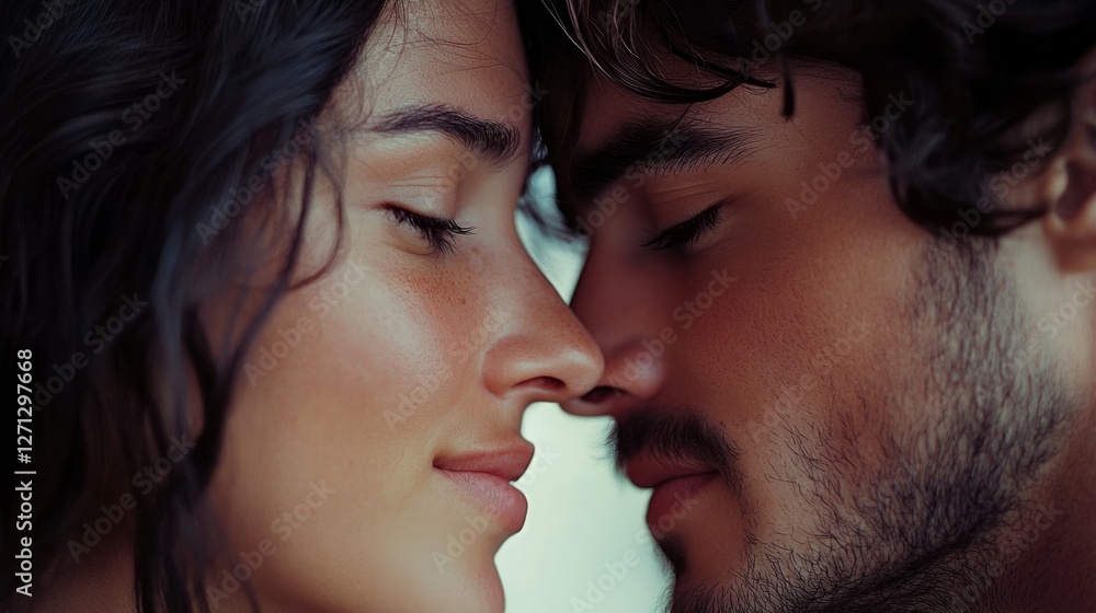 A tender moment captured as two people share a close, intimate touch, eyes gently closed, reflecting deep connection and affection. A tender moment captured as two people share a close, intimate touch, eyes gently closed, reflecting deep connection and affection.