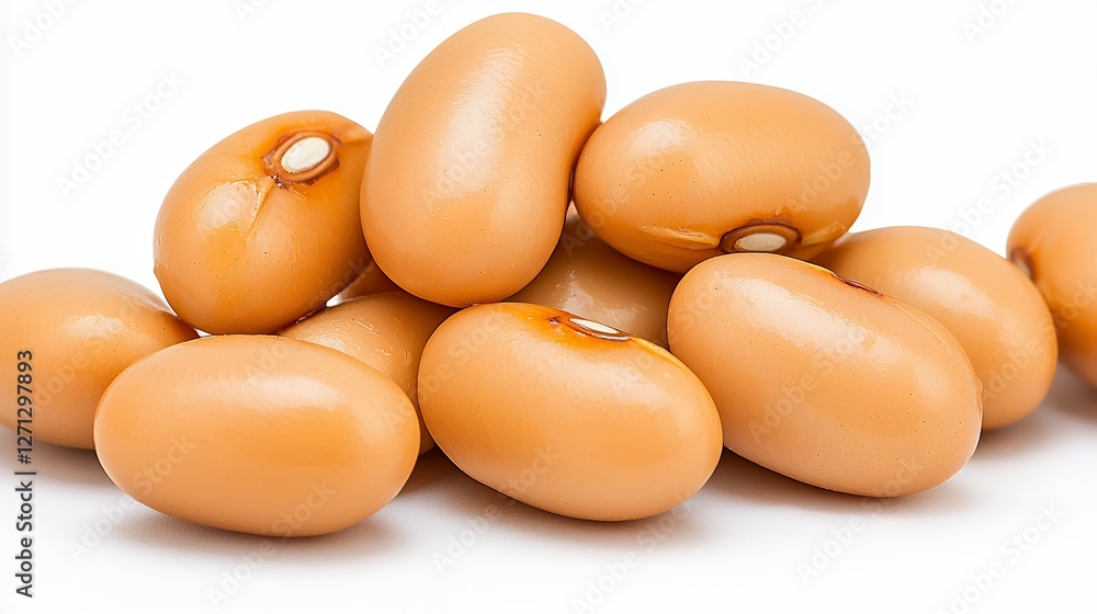 Close-Up of Glossy Beige Kidney Beans Stacked Creatively on White Background Close-Up of Glossy Beige Kidney Beans Stacked Creatively on White Background