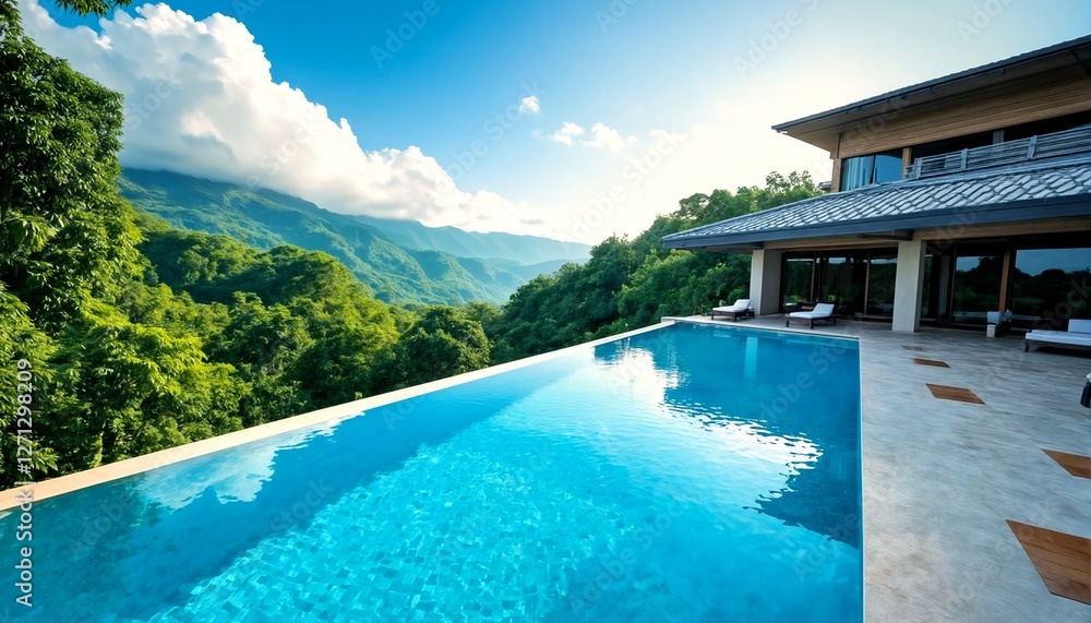 Obraz premium a modern home with an infinity pool overlooking mountains and trees.
