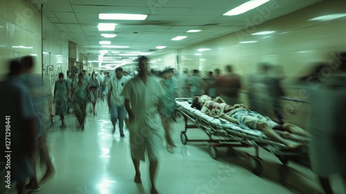 Wallpaper Mural In a bustling hospital corridor, a blur of medical staff rush to attend patients, capturing a scene of urgency and care. Torontodigital.ca