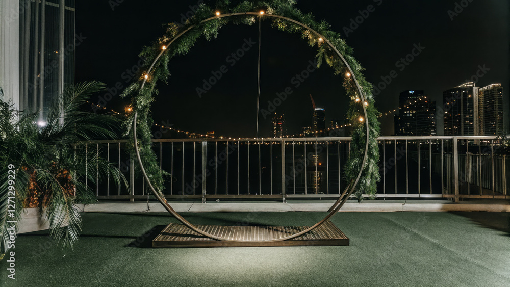 Modern circular wedding arch with greenery and fairy lights Modern circular wedding arch with greenery and fairy lights