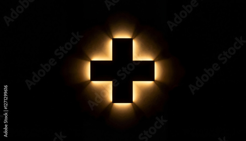 Gold and black medical cross illuminated on dark background, luxury healthcare