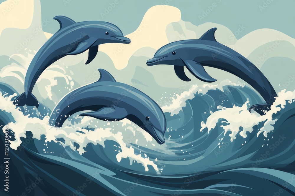 Obraz premium Three dolphins jumping and playing together over ocean waves with a clear sky in the background