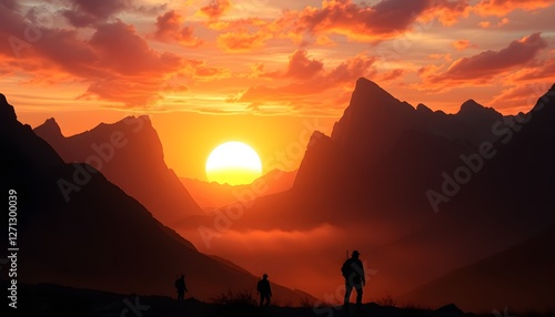 A dramatic landscape featuring towering mountains with jagged peaks under a vibrant, colorful sky at sunset. The scene includes a large, low sun casting a warm glow over a valley with a mysterious, at