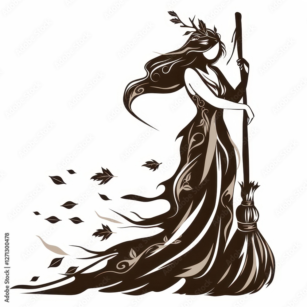Autumnal Witch Silhouette Woman in Floral Gown with Broom Leaves Falling Autumnal Witch Silhouette Woman in Floral Gown with Broom Leaves Falling