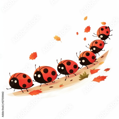 Adorable Ladybugs Procession Autumn Leaves Branch Cartoon Illustration