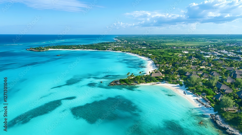 Obraz premium Aerial view of turquoise Caribbean beach, coastal hotels, lush vegetation. Ideal for travel brochures.