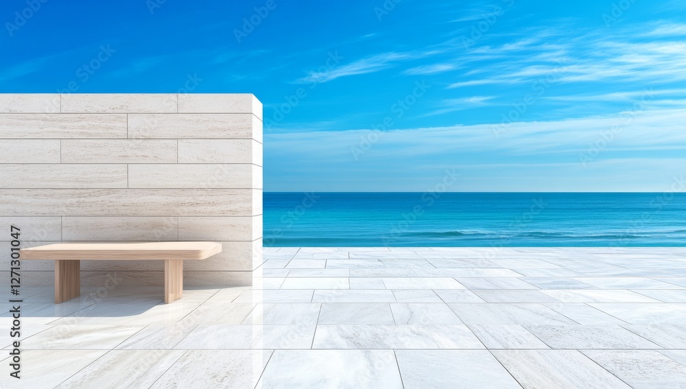 Minimalist Interior with White Marble Flooring, Light Wood Panels, and Ocean View Minimalist Interior with White Marble Flooring, Light Wood Panels, and Ocean View