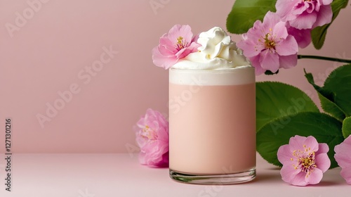 Wallpaper Mural Elegant Cherry blossom milkshake in a glass jar topped with whipped cream edible flowers and pink drizzle festive spring inspired drink  Torontodigital.ca