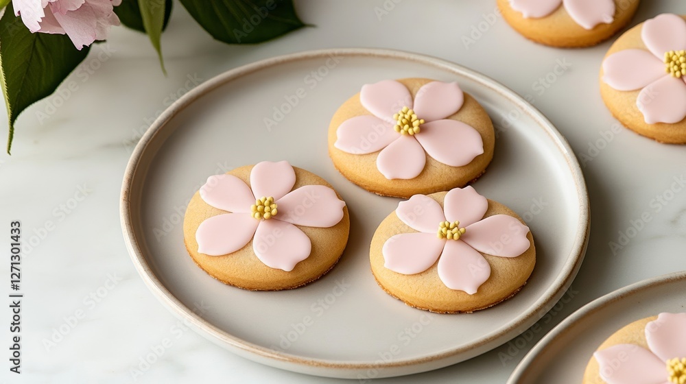 Elegant Cherry blossom shaped cookies with intricate pink icing arranged on a ceramic plate petals scattered around for a spring aesthetic Elegant Cherry blossom shaped cookies with intricate pink icing arranged on a ceramic plate petals scattered around for a spring aesthetic