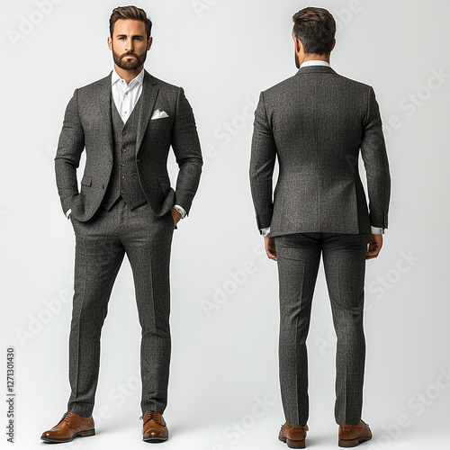 front and back view of young man in business suit isolated on white background