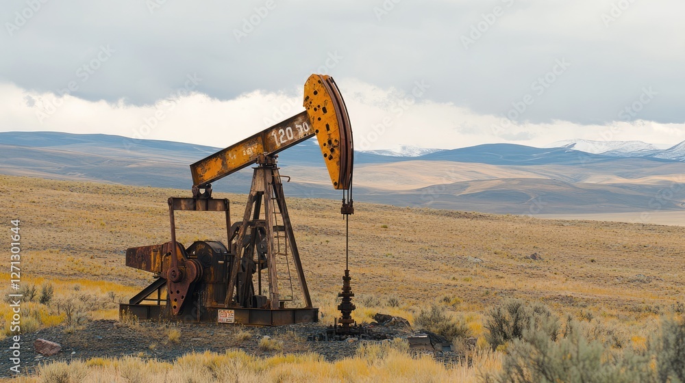 An abandoned oil drill covered in rust, surrounded by dry terrain An abandoned oil drill covered in rust, surrounded by dry terrain