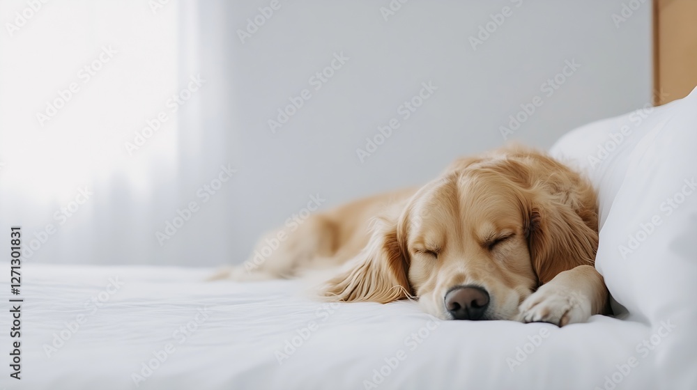 Golden Retriever Dog Sleeping Peacefully on White Bed with Soft Light : Generative AI Golden Retriever Dog Sleeping Peacefully on White Bed with Soft Light : Generative AI