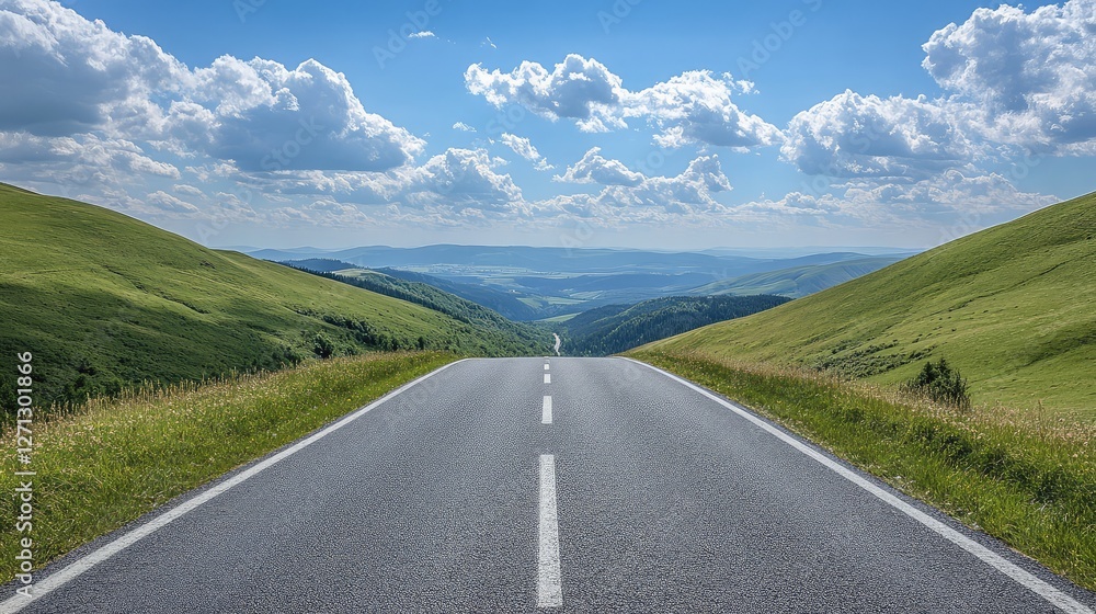 Lonely road with a single white dividing line, surrounded by rolling green hills under a partly cloudy sky. Lonely road with a single white dividing line, surrounded by rolling green hills under a partly cloudy sky.