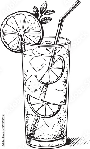 Tom Collins Cocktail Mocktail Black and White Vector Illustration, Sketch Drawing Linear Line Art Engraving, Isolated