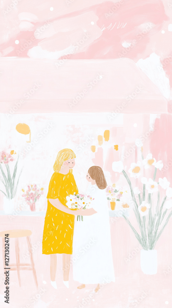 2D Illustration of mother and daughter joyfully share bouquet of flowers in pastel setting, surrounded by blooming plants and warm atmosphere 2D Illustration of mother and daughter joyfully share bouquet of flowers in pastel setting, surrounded by blooming plants and warm atmosphere