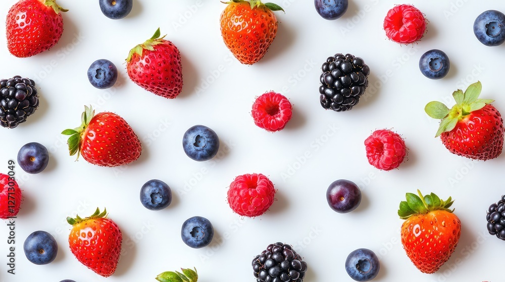 Minimalist flat lay of assorted berries, including strawberries, blueberries, and raspberries, scattered on a clean white background. Minimalist flat lay of assorted berries, including strawberries, blueberries, and raspberries, scattered on a clean white background.