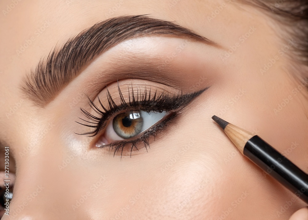Naklejka premium Close-up of a woman's eye with eyebrow pencil application, natural makeup detail, beauty and cosmetics concept, precision and definition, professional makeup, studio photography, subtle and elegant.