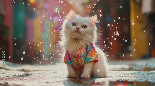 Fluffy White Cat in Traditional Thai Outfit