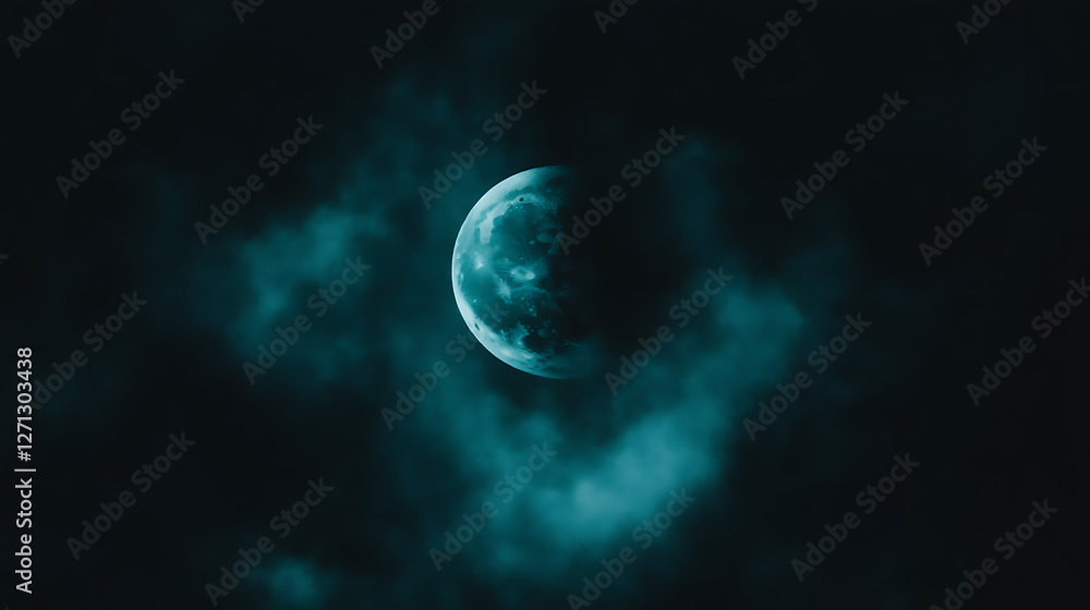Teal Colored Half Moon Emerging from Dark Atmospheric Clouds in Dramatic Celestial Scenery Teal Colored Half Moon Emerging from Dark Atmospheric Clouds in Dramatic Celestial Scenery