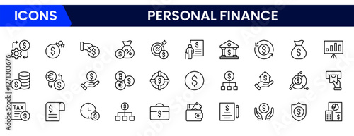 Personal Finance line web icons Money and Coins. Cash, Credit Cards, Money Bag, Containing banking, Investment, income, accounting, money, loan.