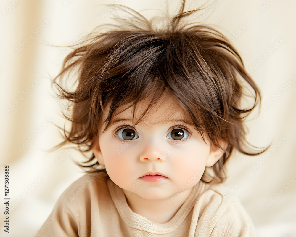Naklejka premium Baby girl portrait, studio shot, beige background, child development