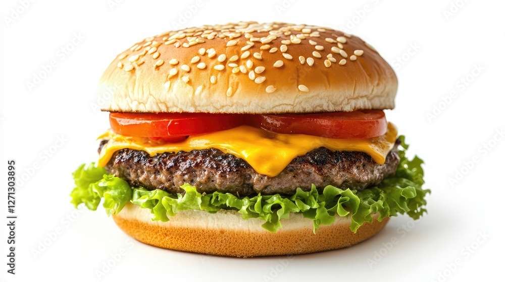 Mouthwatering cheeseburger with layers of toppings, isolated on a white background. Mouthwatering cheeseburger with layers of toppings, isolated on a white background.