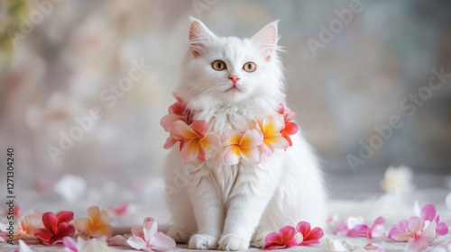 Fluffy White Cat with Perked Ears and Flower Garland photo