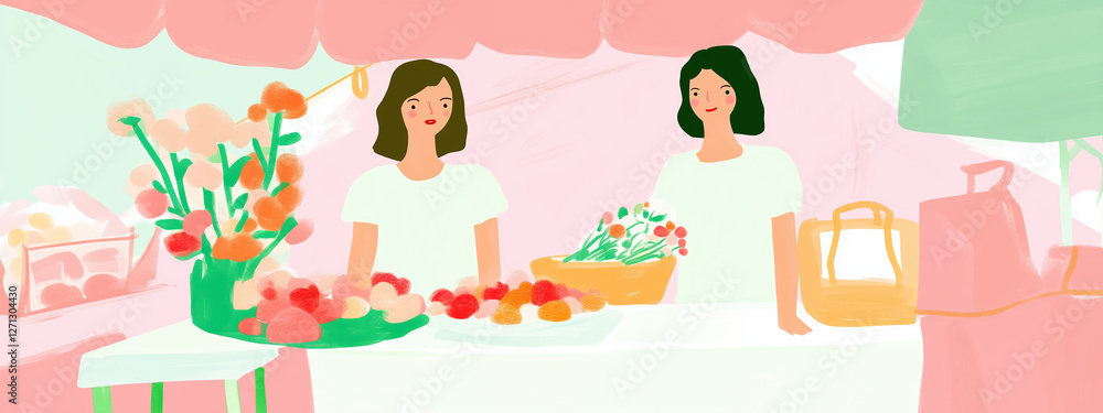 2D Illustration of Fresh fruit market scene with two women selling colorful produce. vibrant atmosphere showcases variety of fruits and flowers, creating cheerful and inviting environment 2D Illustration of Fresh fruit market scene with two women selling colorful produce. vibrant atmosphere showcases variety of fruits and flowers, creating cheerful and inviting environment