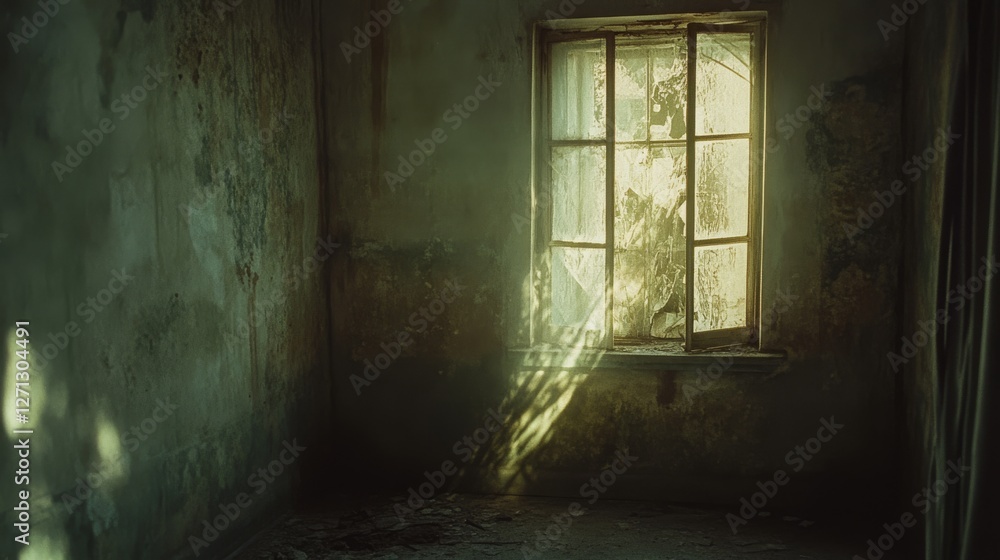 Obraz premium Soft sunlight filters through a decaying window in an abandoned room, casting ethereal shadows on weathered walls.
