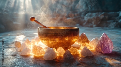 A brass singing bowl sits amidst of healing crystals. Energy, spiritual ritual of cleansing and charging of gemstones