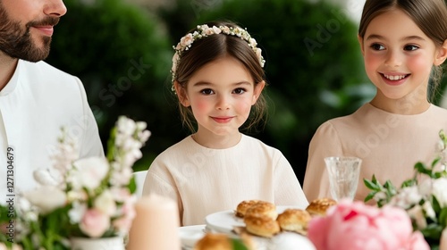 Elegant Family gathered around a table enjoying Easter pastries like kolaci and baklava with joyful conversation and warm spring vibes 