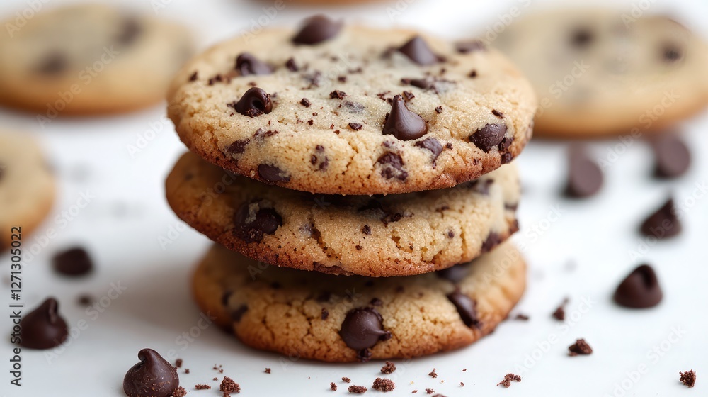 Neatly stacked chocolate chip cookies, with crumbs scattered on a white surface. Neatly stacked chocolate chip cookies, with crumbs scattered on a white surface.