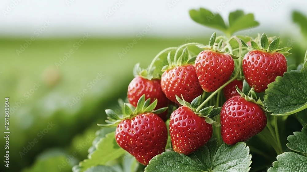 Elegant Field of strawberry plants with rows of ripe berries ready for picking under a bright blue sky highlighting freshness and farm to table living 