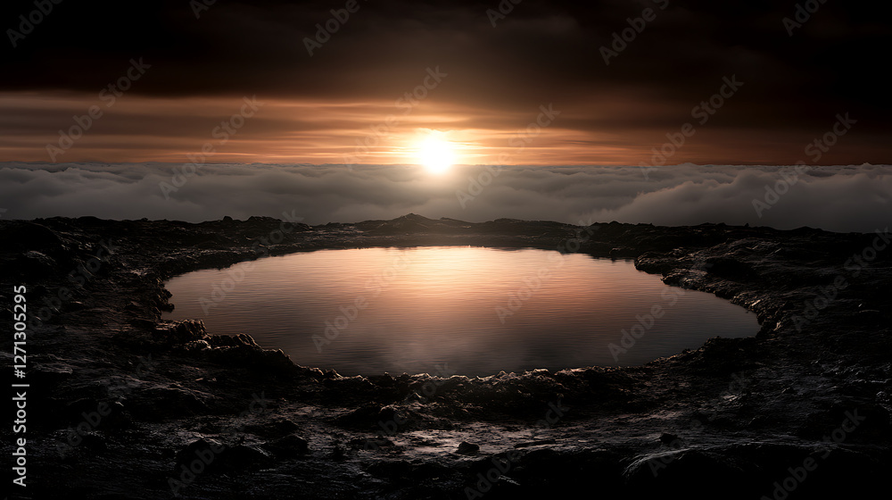 Fototapeta premium Tranquil Lake Reflecting Golden Sunset Above Cloud Layer on a Mysterious Rocky Terrain Landscape